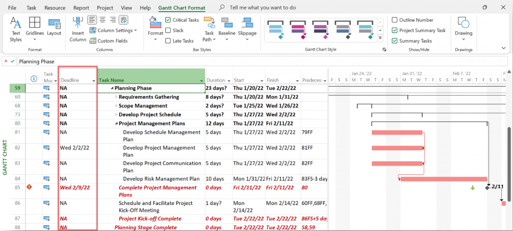 how to use deadlines in microsoft project
